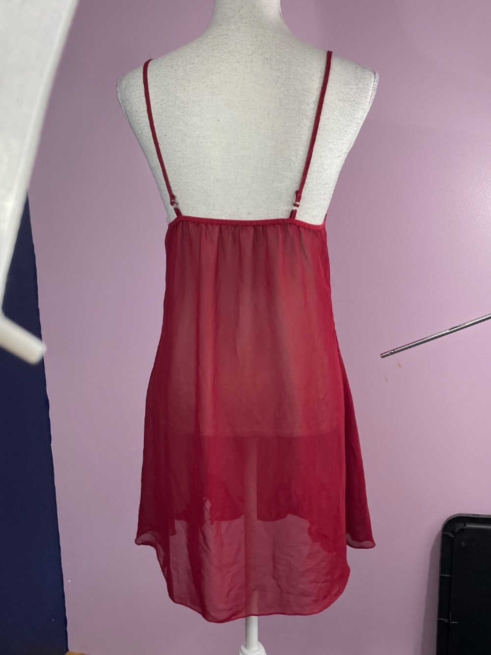 Vintage Lace Mesh Chemise L Slip Dress Burgundy Red Night Floral Babydoll Empire - Picture 8 of 10